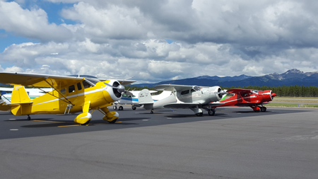 row of small colorful planes parked at Yellowstone Airport